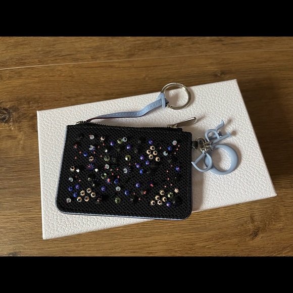 CHRISTIAN DIOR-AUTHENTIC NWT Small Leather, Sequins/Beads Blue Wristlet - Picture 3 of 15